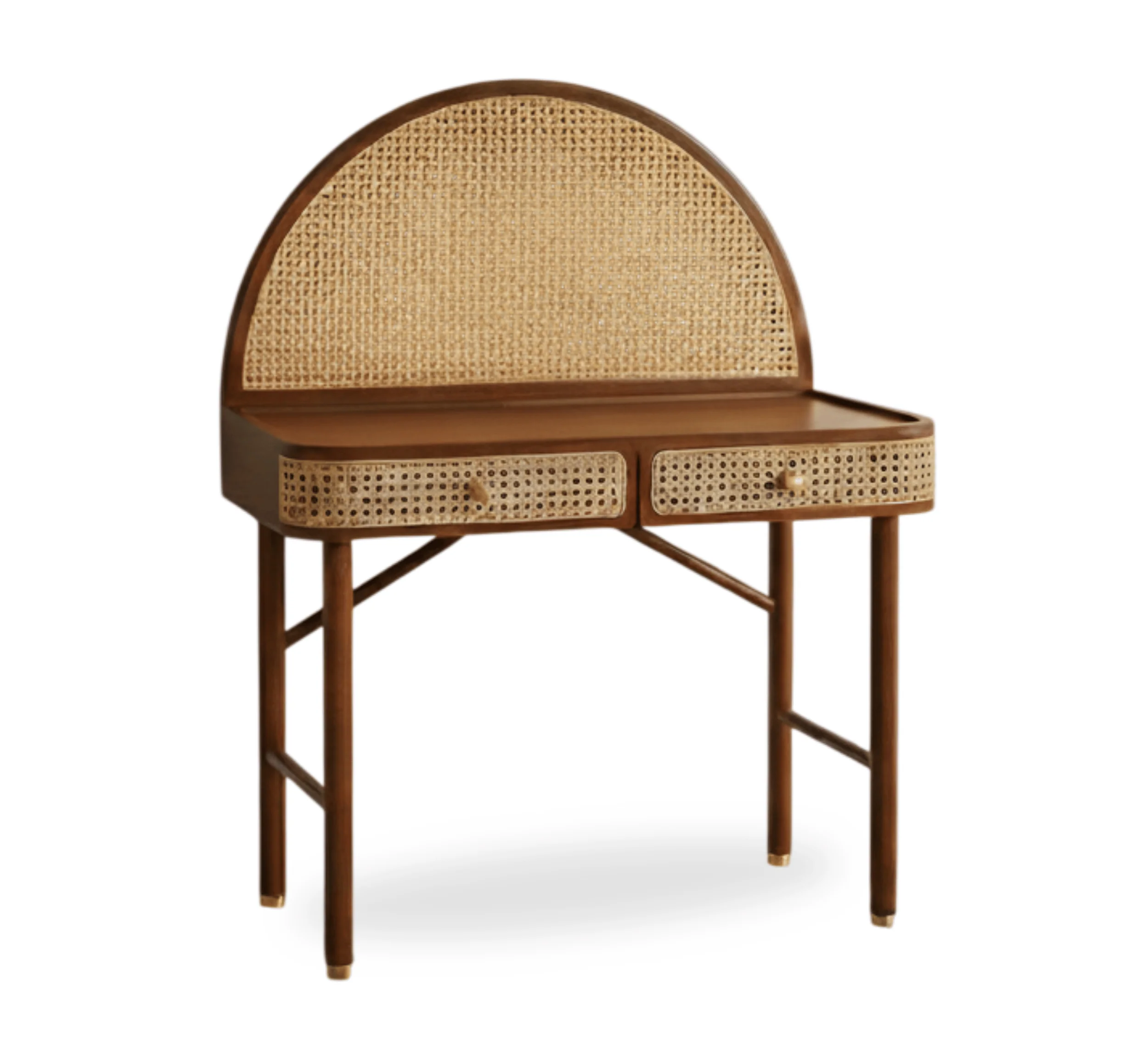 Wooden home office desk in teak wood and cane with natural brown finish Wooden home office desk in teak wood and cane with natural brown finish