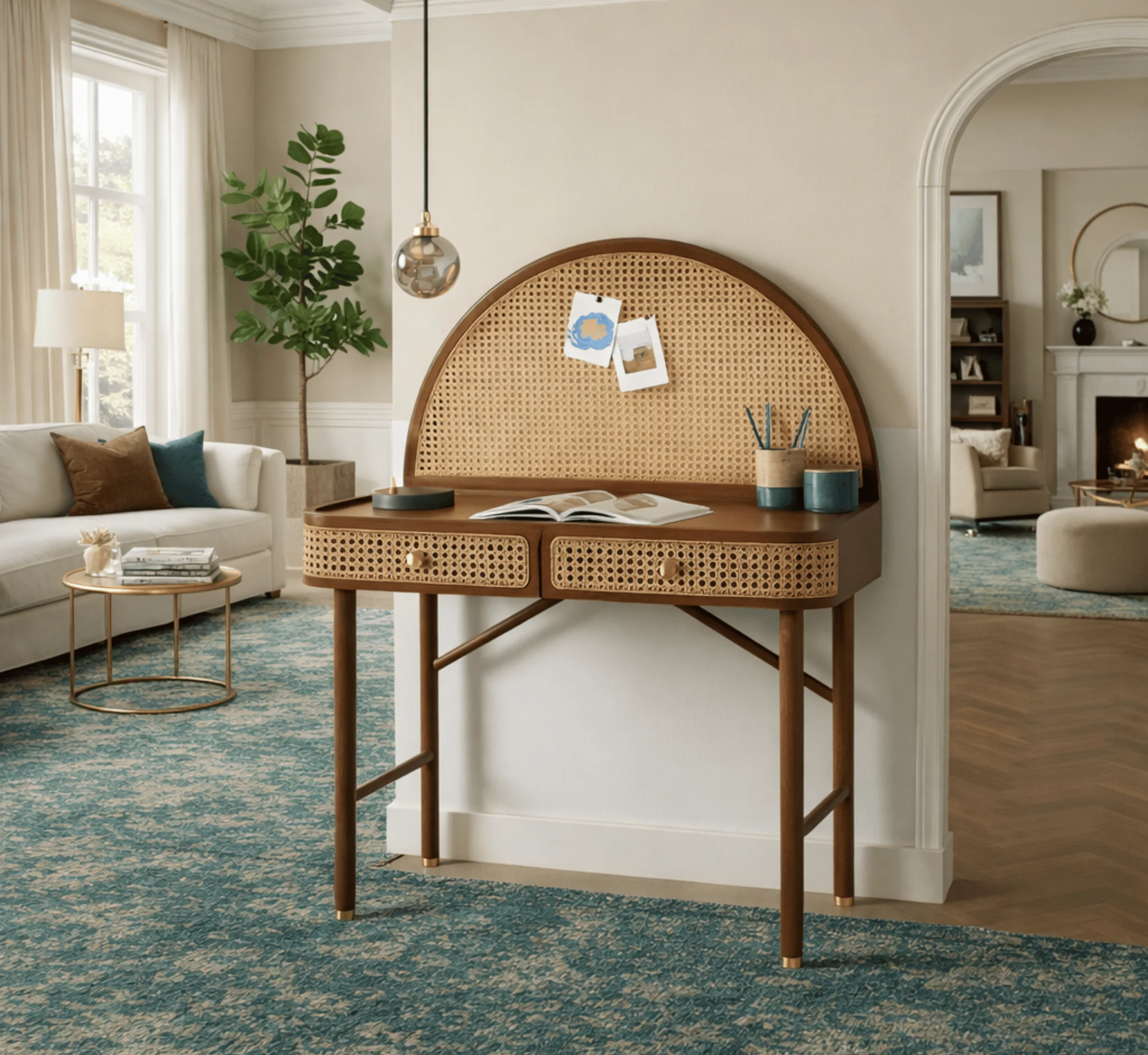 Wooden home office desk in teak wood and cane with natural brown finish