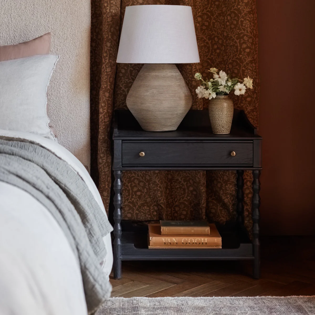 Black bedside table in solid teak wood with black finish