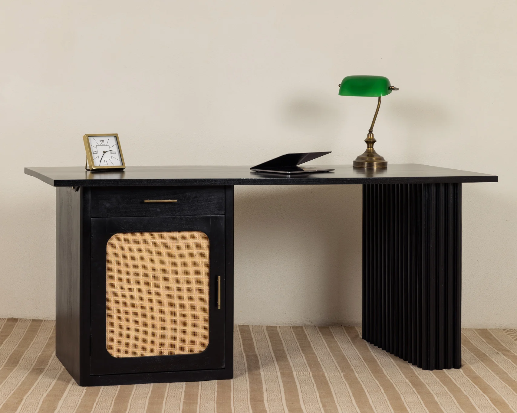 Black antique desk in teak wood and cane with antique finish