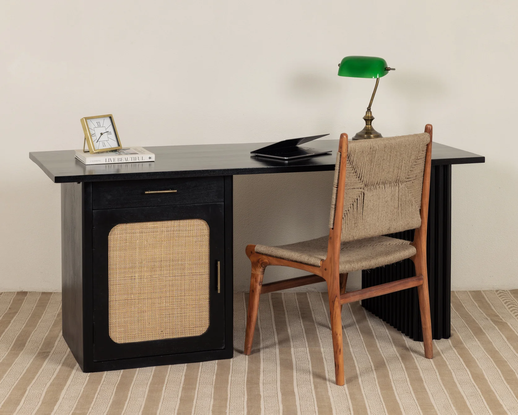 Black antique desk in teak wood and cane with antique finish Black antique desk in teak wood and cane with antique finish