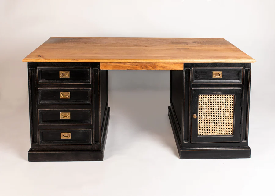 Antique black office desk in teak wood and cane with brown top