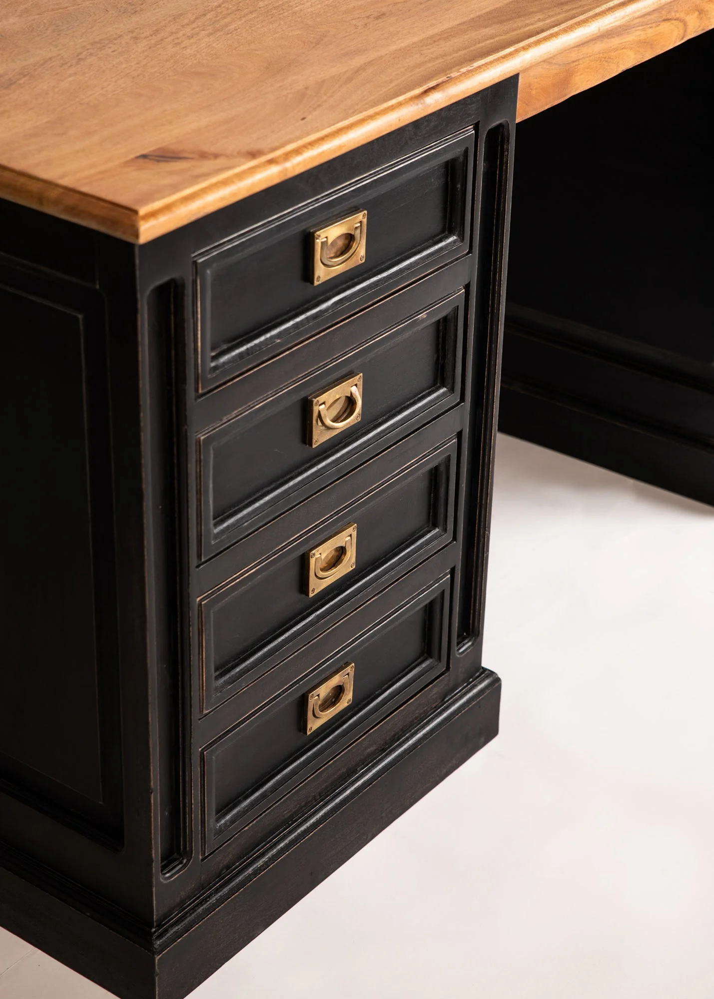 Antique black office desk in teak wood and cane with brown top Antique black office desk in teak wood and cane with brown top