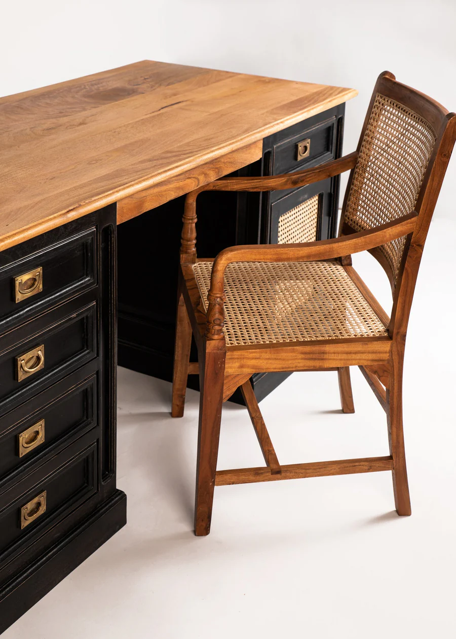 Antique black office desk in teak wood and cane with brown top Antique black office desk in teak wood and cane with brown top