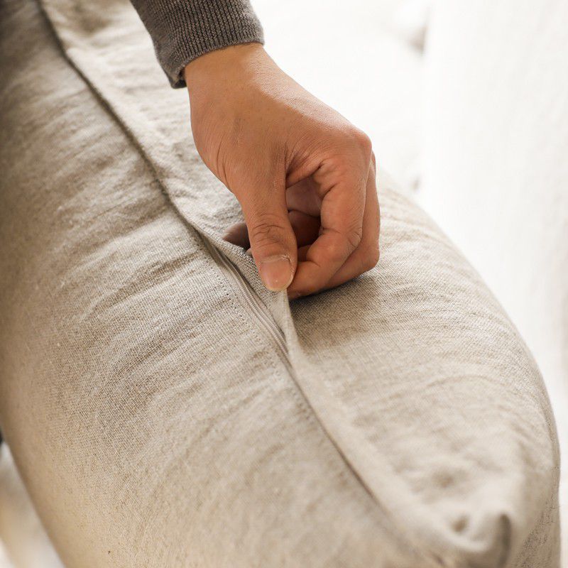 L shaped sofa in teak wood with cotton canvas cushions