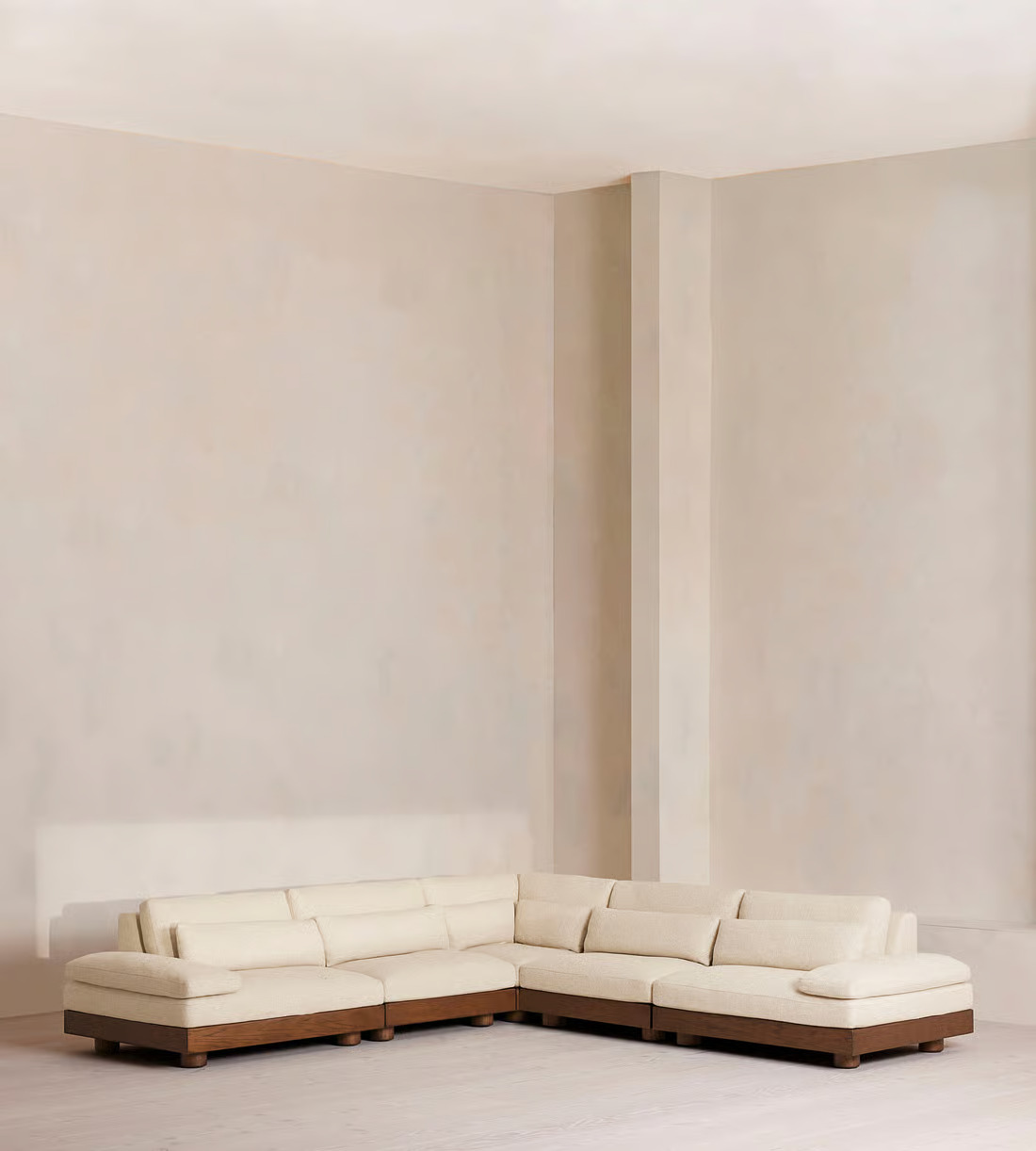 Modular corner sofa in teak wood with cotton canvas upholstery