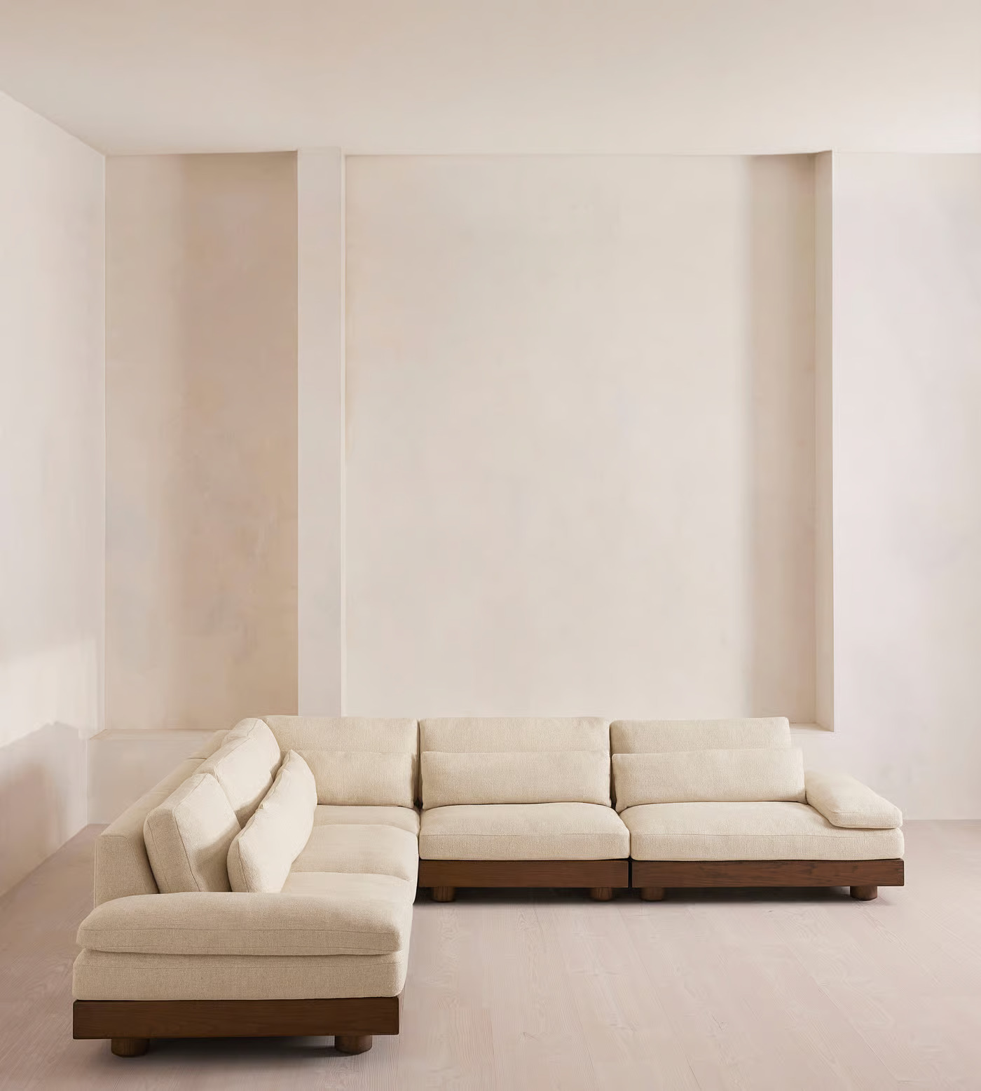 Modular corner sofa in teak wood with cotton canvas upholstery