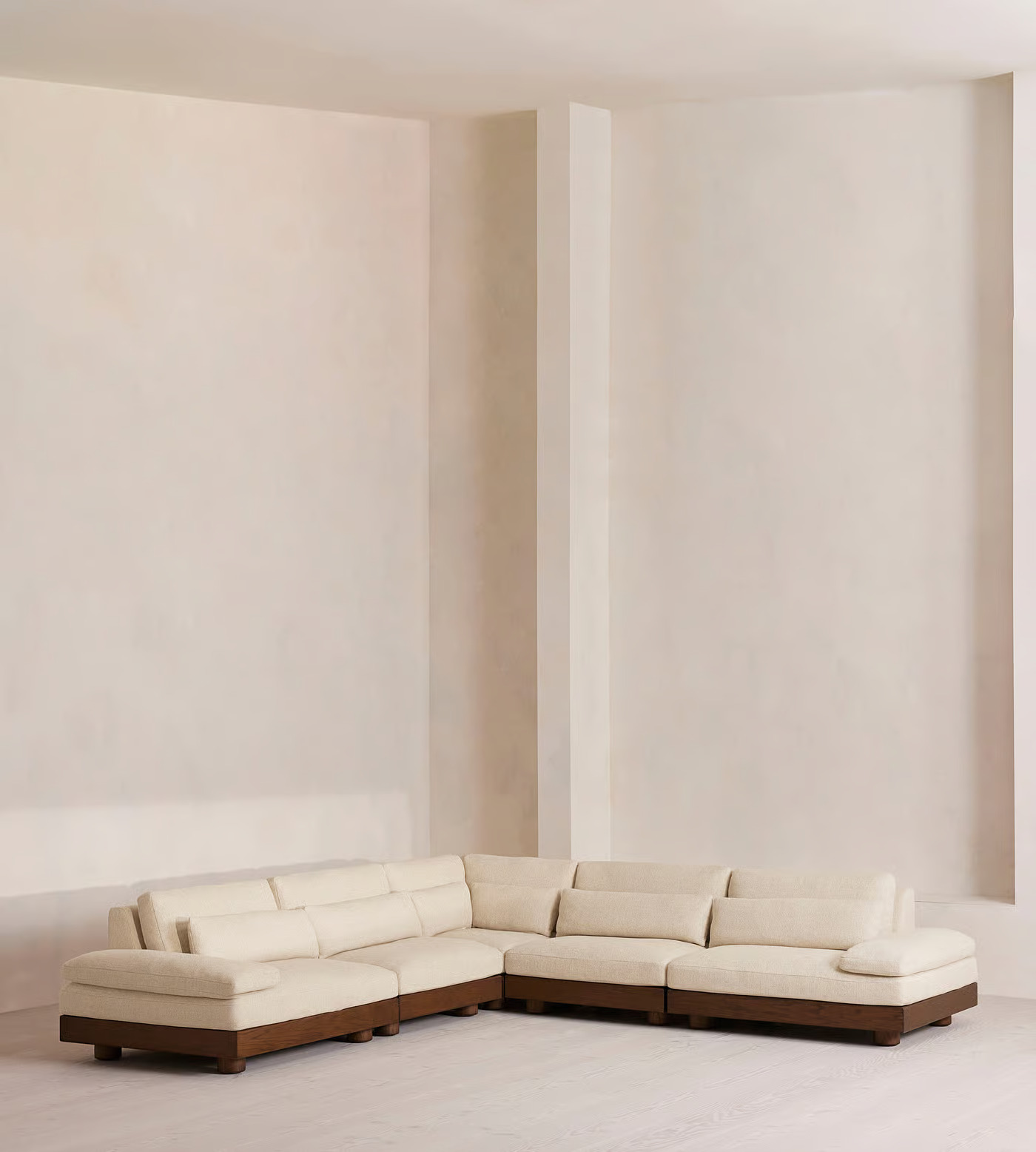 Modular corner sofa in teak wood with cotton canvas upholstery