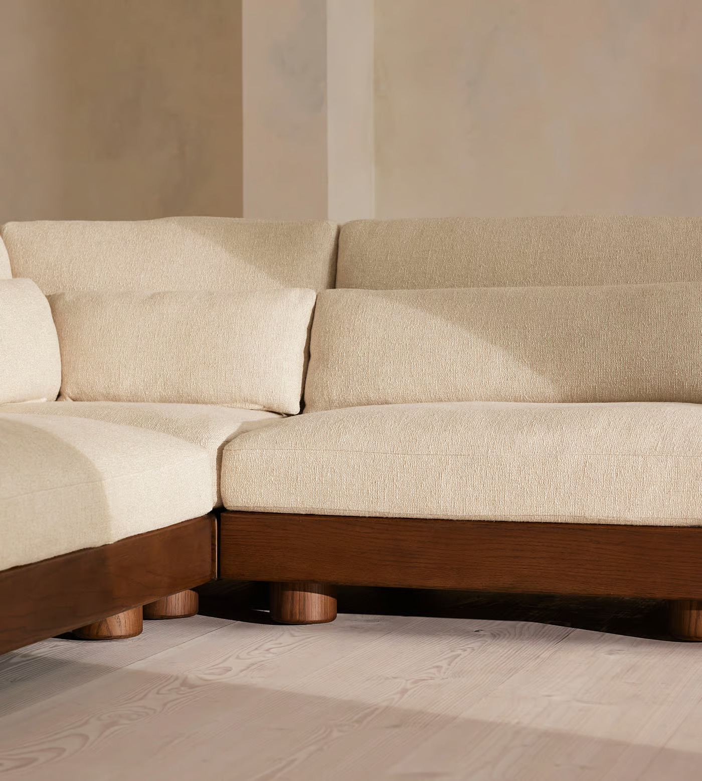 Modular corner sofa in teak wood with cotton canvas upholstery