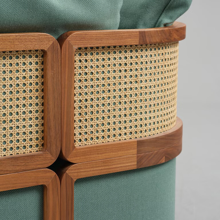 Zara boho teak sofa 3 seater with cane work and cushions