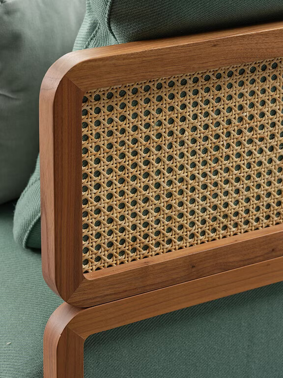 Zara boho teak sofa 3 seater with cane work and cushions