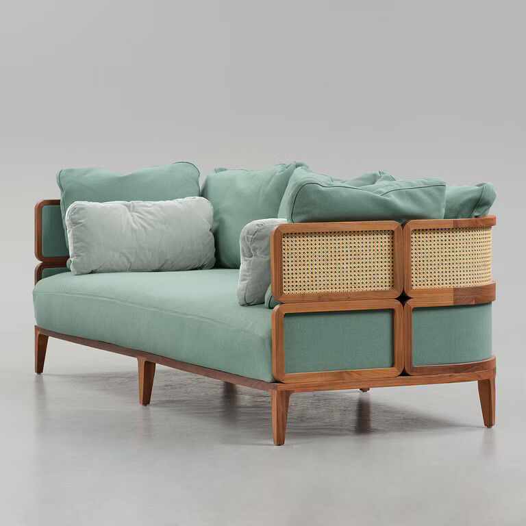 Zara boho teak sofa 3 seater with cane work and cushions