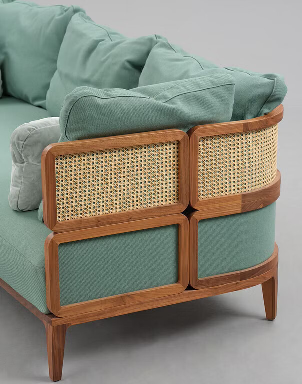 Zara boho teak sofa 3 seater with cane work and cushions