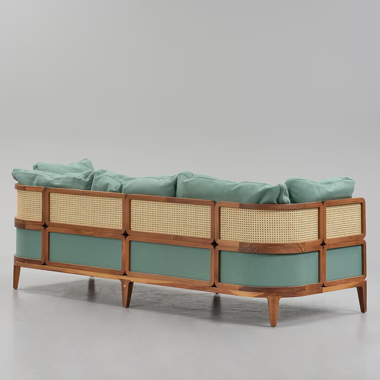 Zara boho teak sofa 3 seater with cane work and cushions