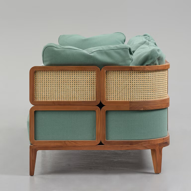 Zara boho teak sofa 3 seater with cane work and cushions