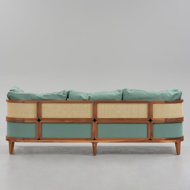 Zara boho teak sofa 3 seater with cane work and cushions