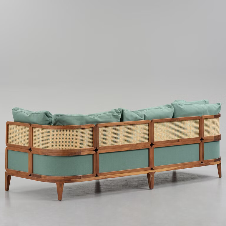 Zara boho teak sofa 3 seater with cane work and cushions