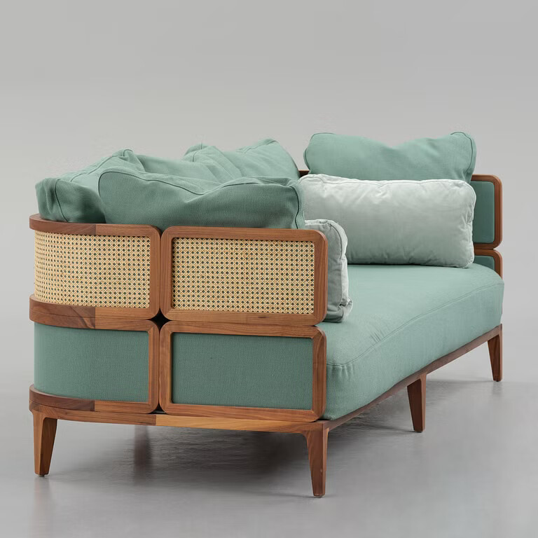 Zara boho teak sofa 3 seater with cane work and cushions