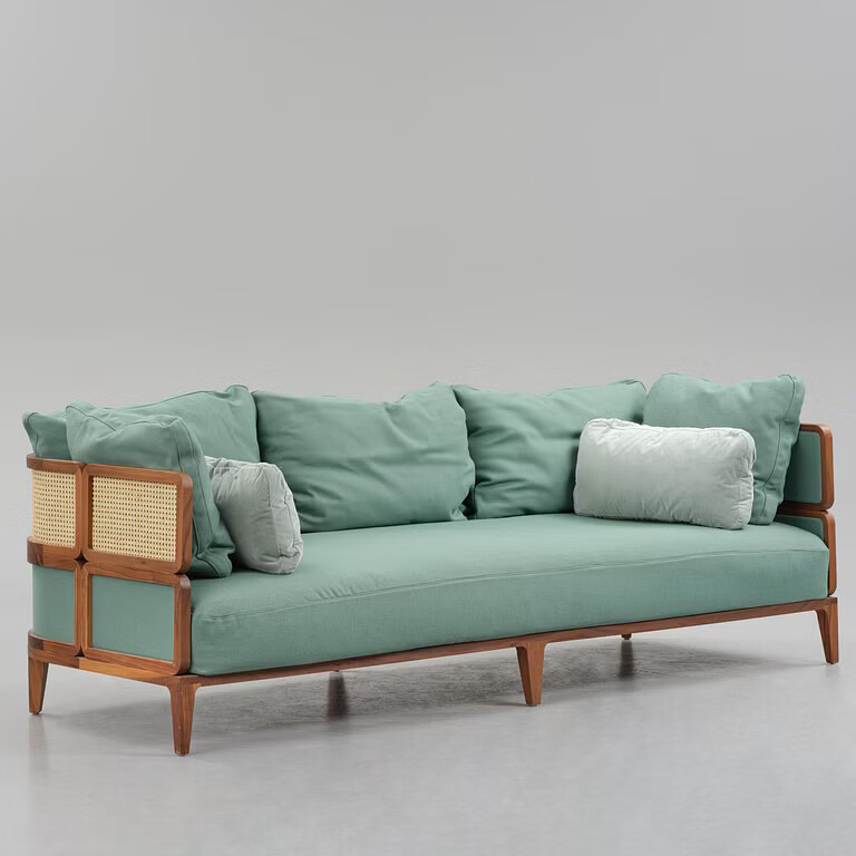 Zara boho teak sofa 3 seater with cane work and cushions