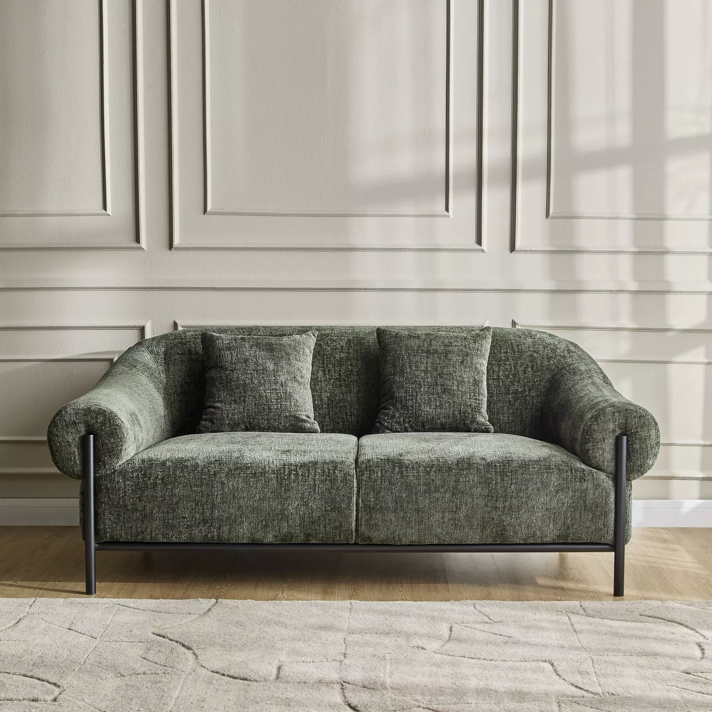 Wooden 2 seater sofa in teak wood with black frame and green upholstery Wooden 2 seater sofa in teak wood with black frame and green upholstery