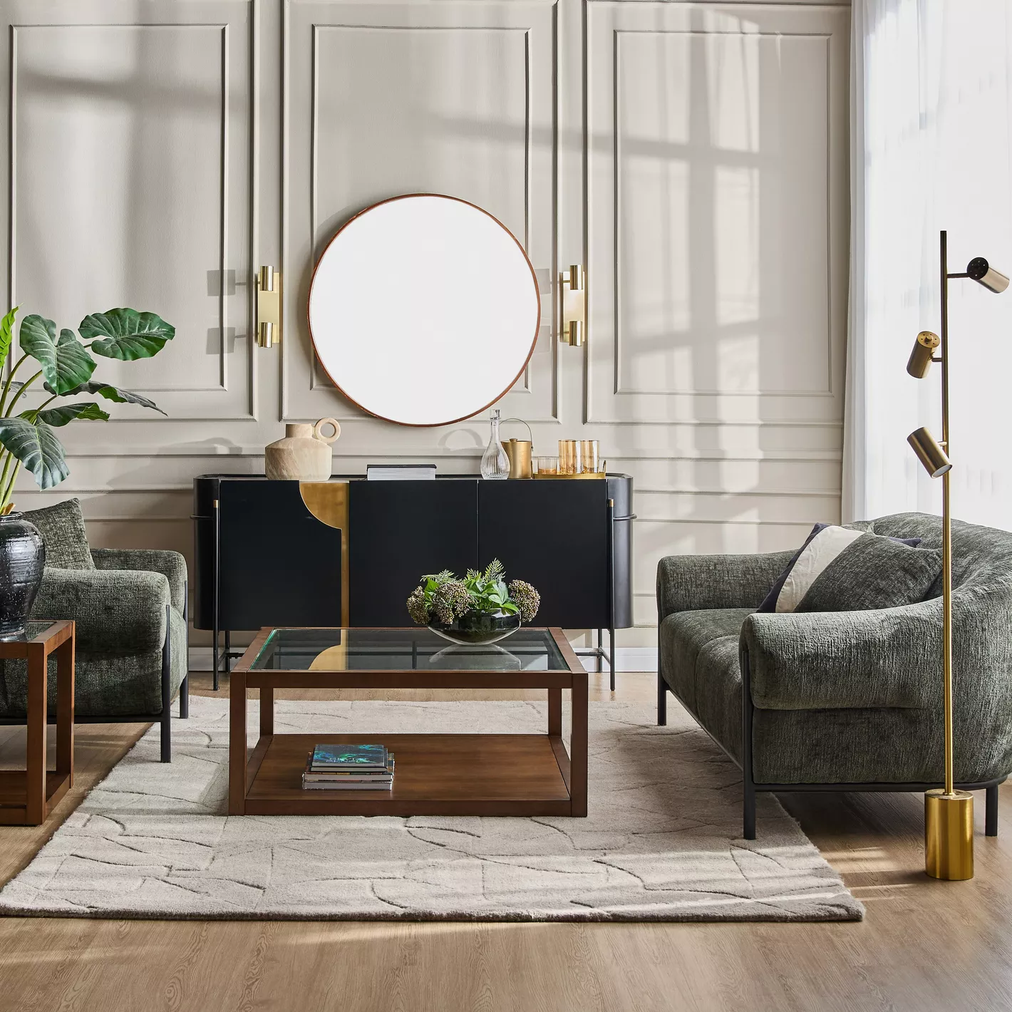 Wooden 2 seater sofa in teak wood with black frame and green upholstery Wooden 2 seater sofa in teak wood with black frame and green upholstery