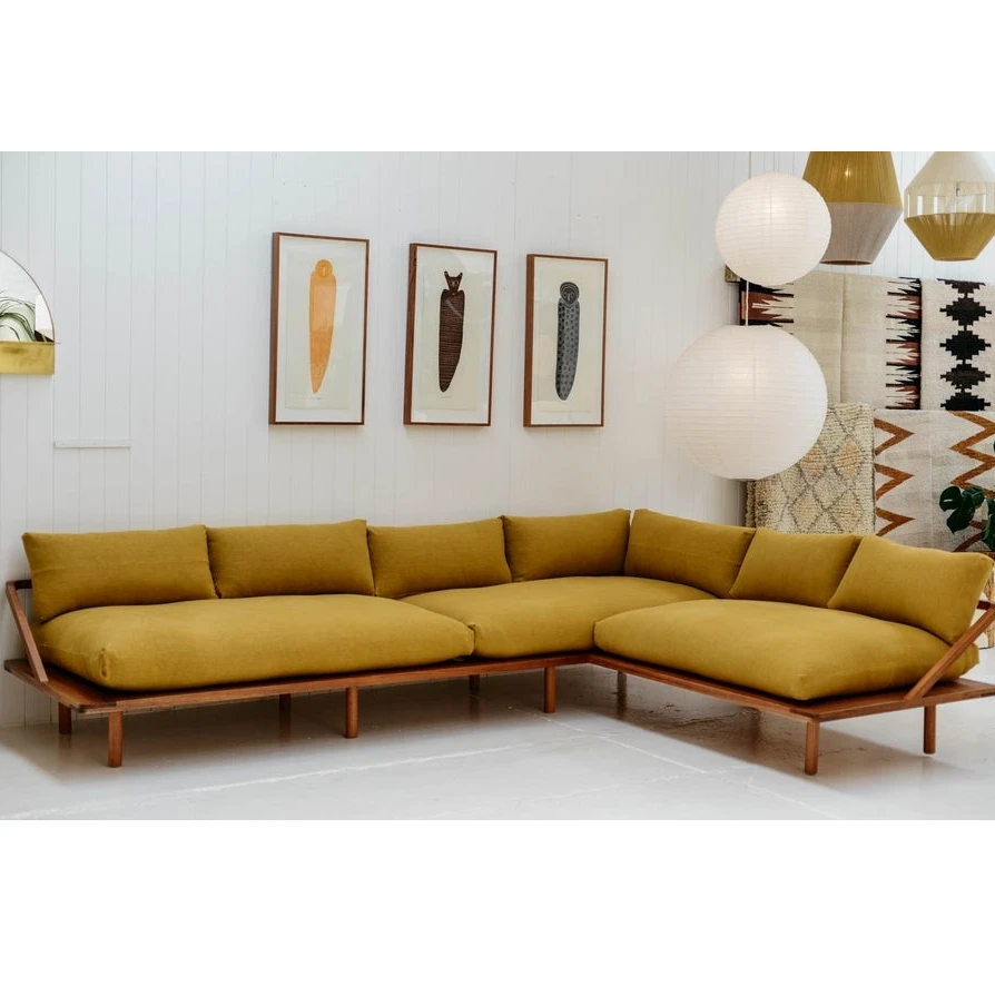 L shape couch in teak wood with cotton canvas cushions