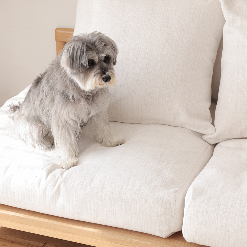 L shaped sofa in teak wood with cotton canvas cushions