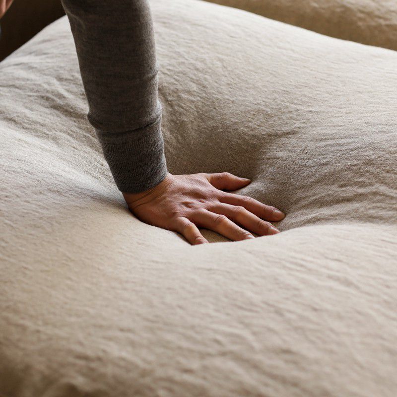 L shaped sofa in teak wood with cotton canvas cushions