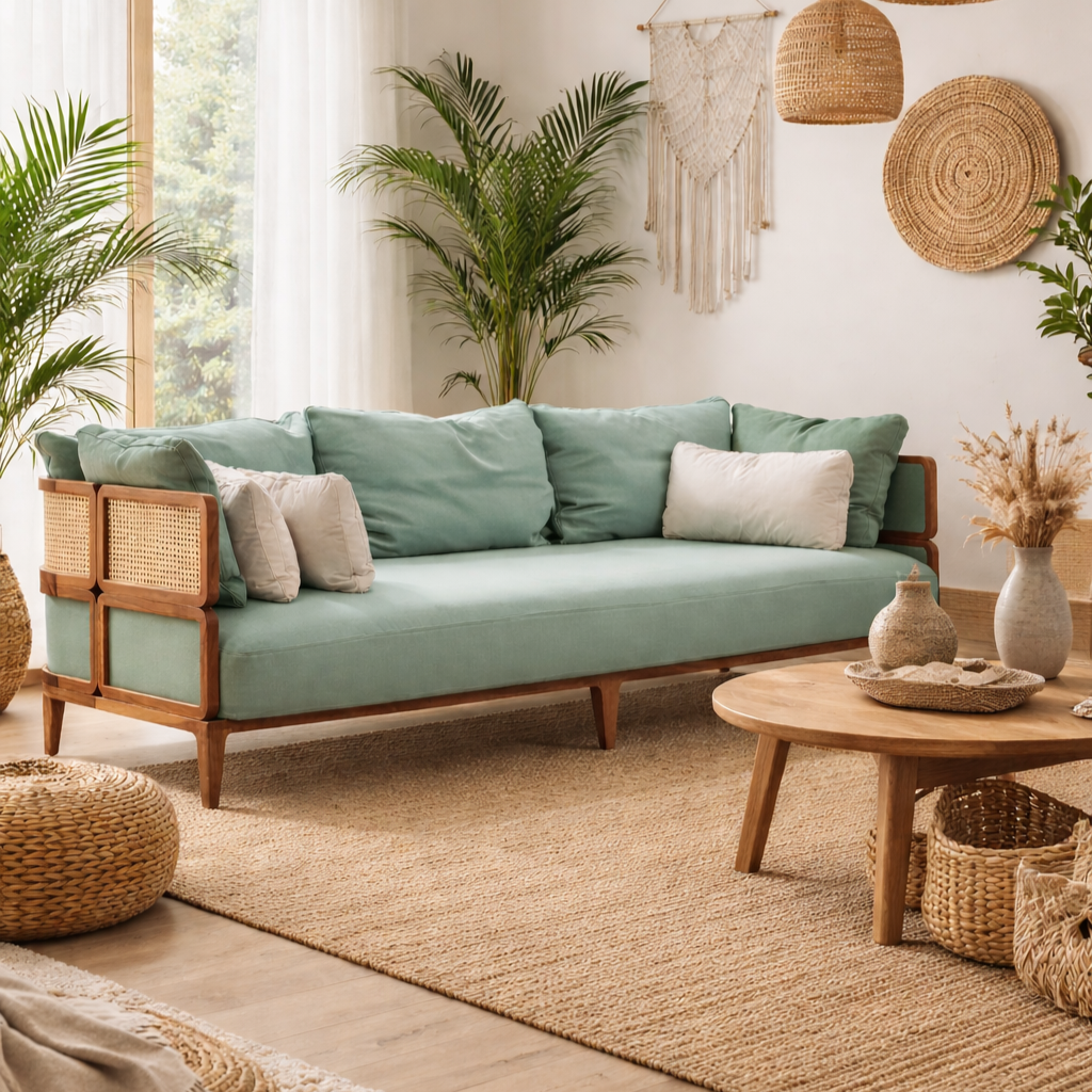 Zara boho teak sofa 3 seater with cane work and cushions