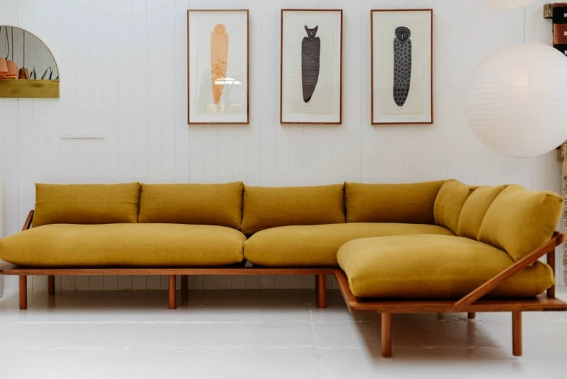 L shape couch in teak wood with cotton canvas cushions