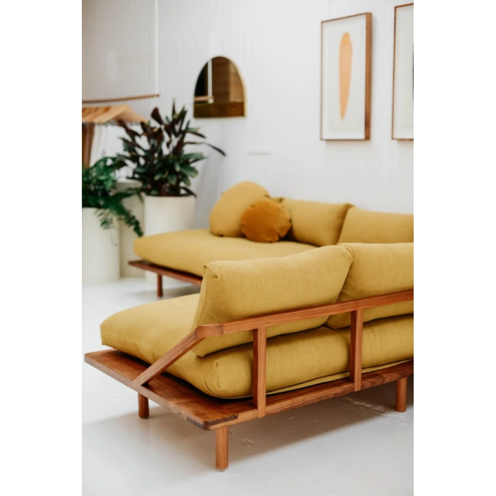 L shape couch in teak wood with cotton canvas cushions