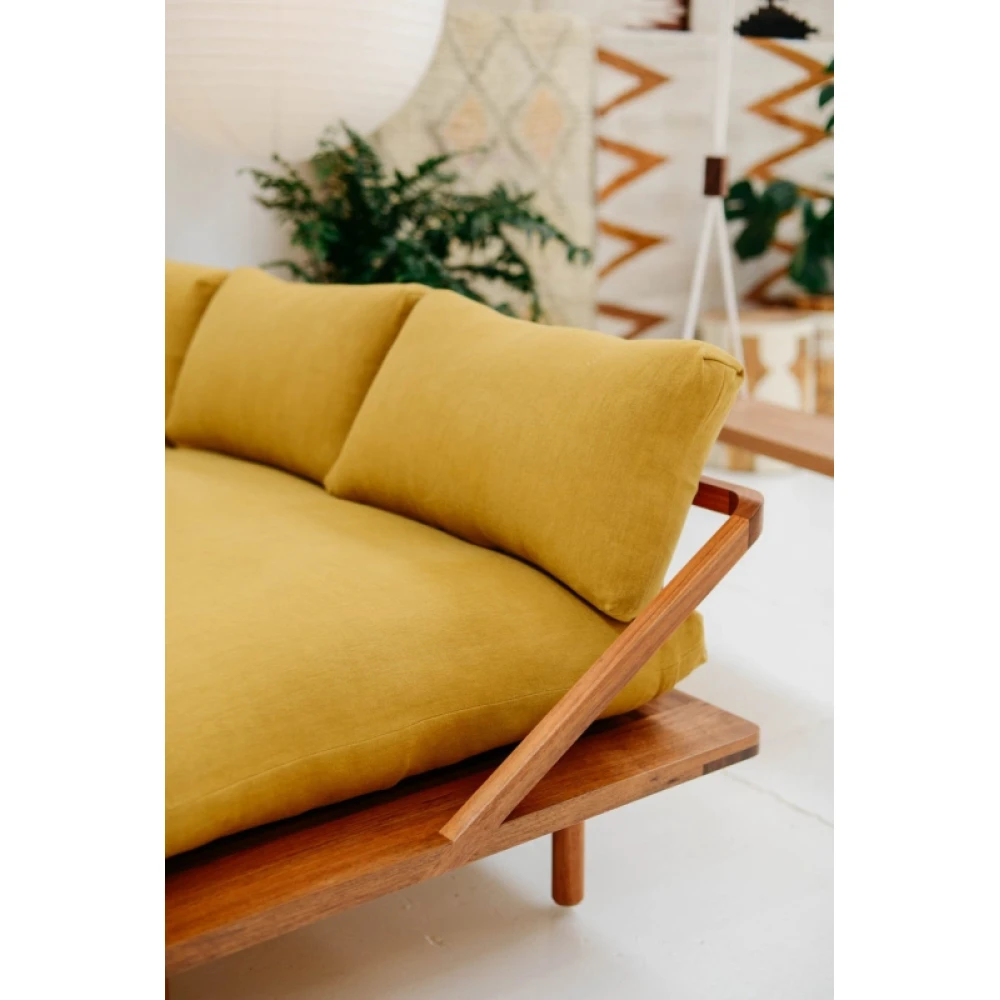 L shape couch in teak wood with cotton canvas cushions