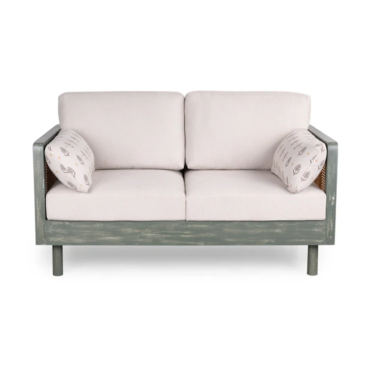 Wood 2 seater sofa with rattan cane work in distress green finish