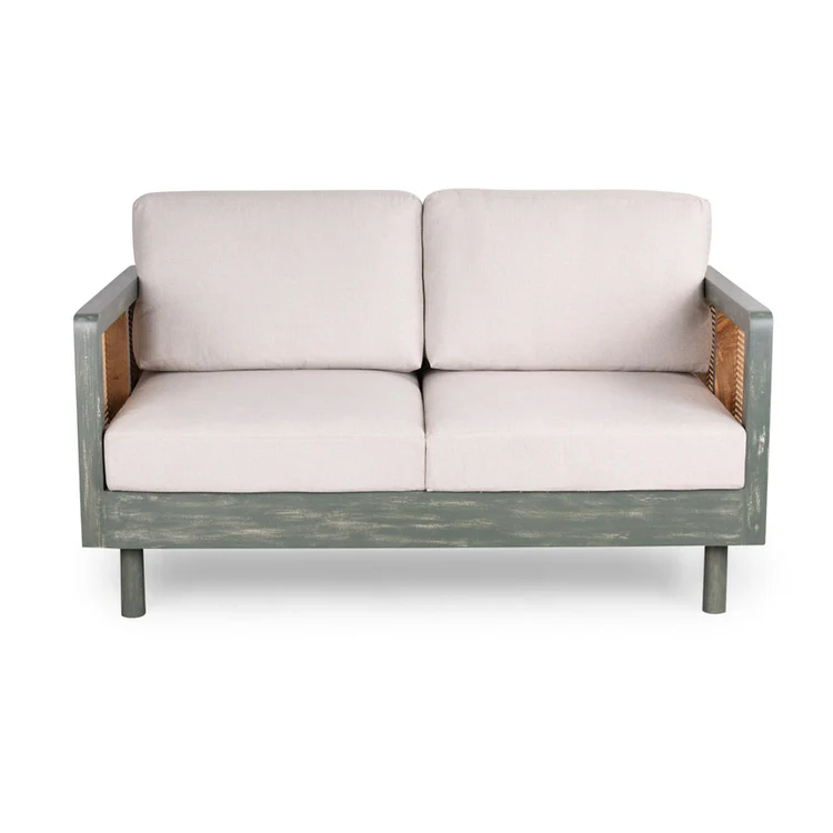 Wood 2 seater sofa with rattan cane work in distress green finish