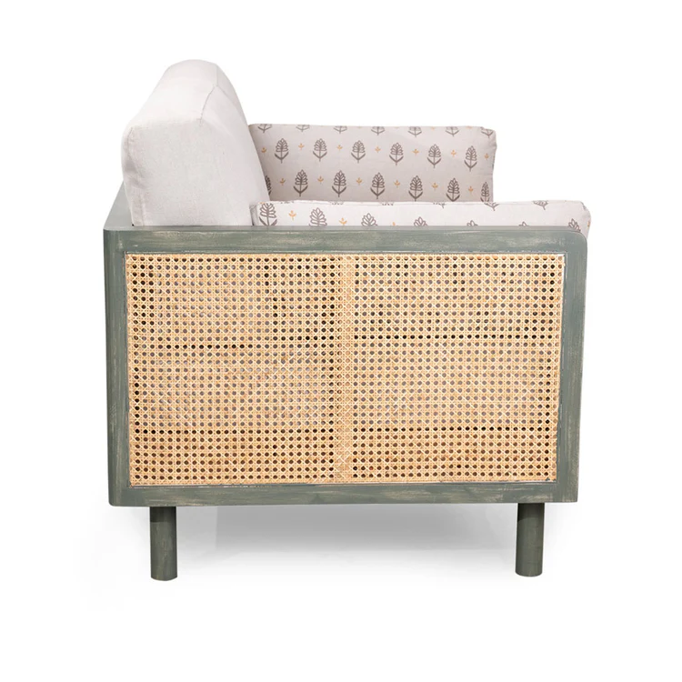 Wood 2 seater sofa with rattan cane work in distress green finish