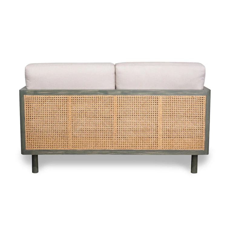 Wood 2 seater sofa with rattan cane work in distress green finish
