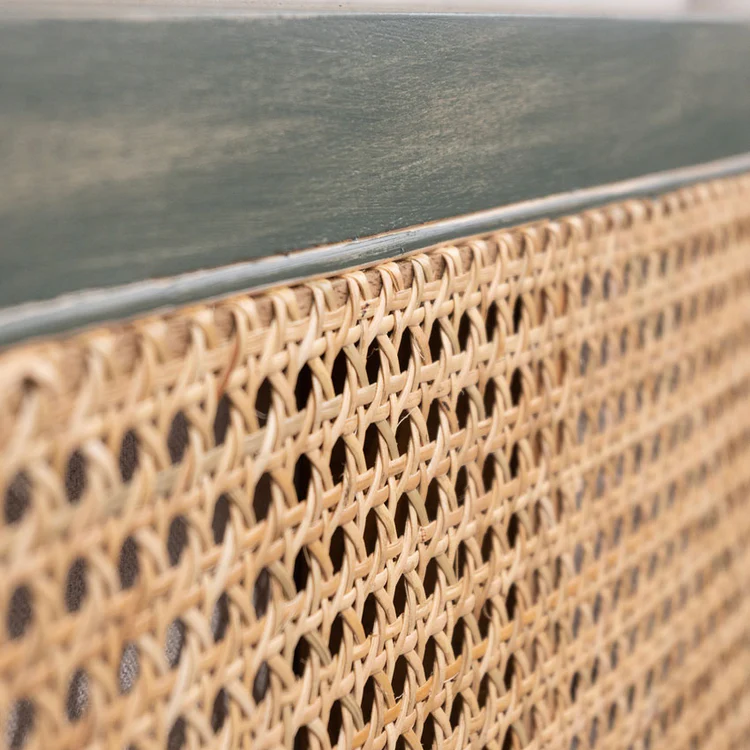 Wood 2 seater sofa with rattan cane work in distress green finish