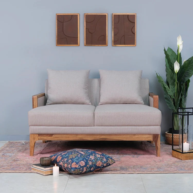 Rattan sofa 2 seater with light brown textured upholstery