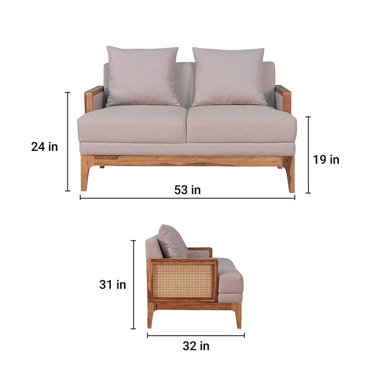 Rattan sofa 2 seater with light brown textured upholstery