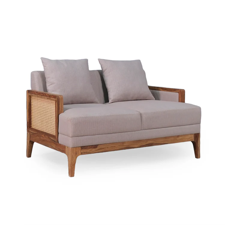 Rattan sofa 2 seater with light brown textured upholstery