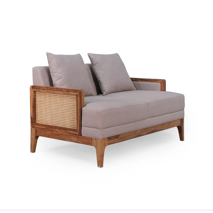 Rattan sofa 2 seater with light brown textured upholstery