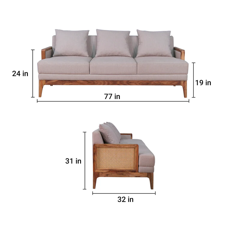 Rattan sofa 3 seater with light brown textured upholstery