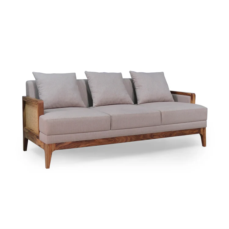 Rattan sofa 3 seater with light brown textured upholstery