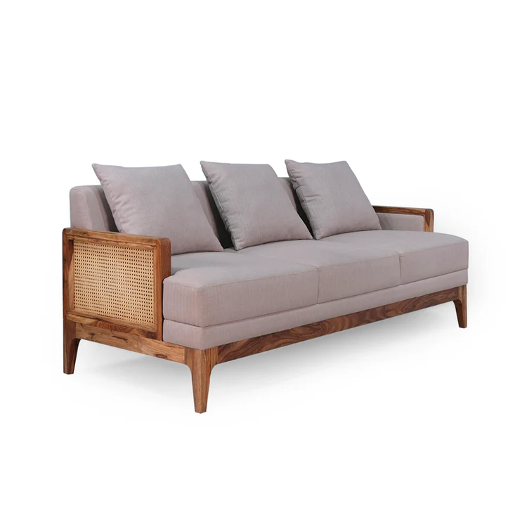 Rattan sofa 3 seater with light brown textured upholstery