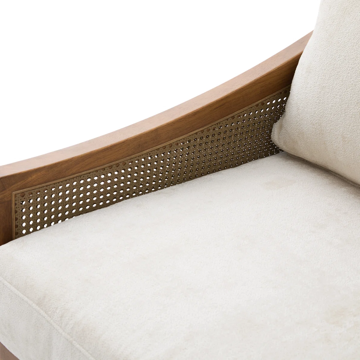 Wooden loveseat sofa in teak wood with cane detailing and dark brown finish Wooden loveseat sofa in teak wood with cane detailing and dark brown finish