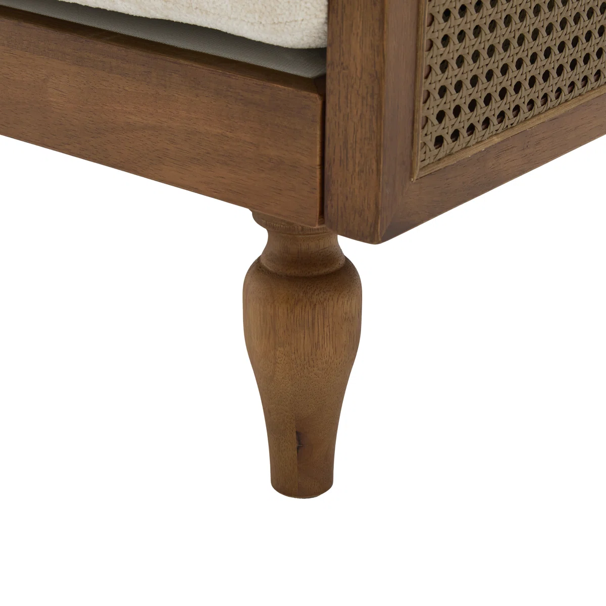 Wooden loveseat sofa in teak wood with cane detailing and dark brown finish Wooden loveseat sofa in teak wood with cane detailing and dark brown finish