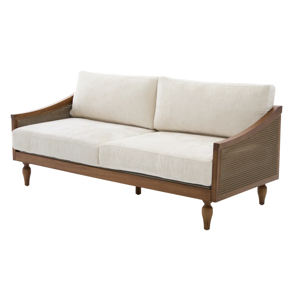 Wooden loveseat sofa in teak wood with cane detailing and dark brown finish Wooden loveseat sofa in teak wood with cane detailing and dark brown finish