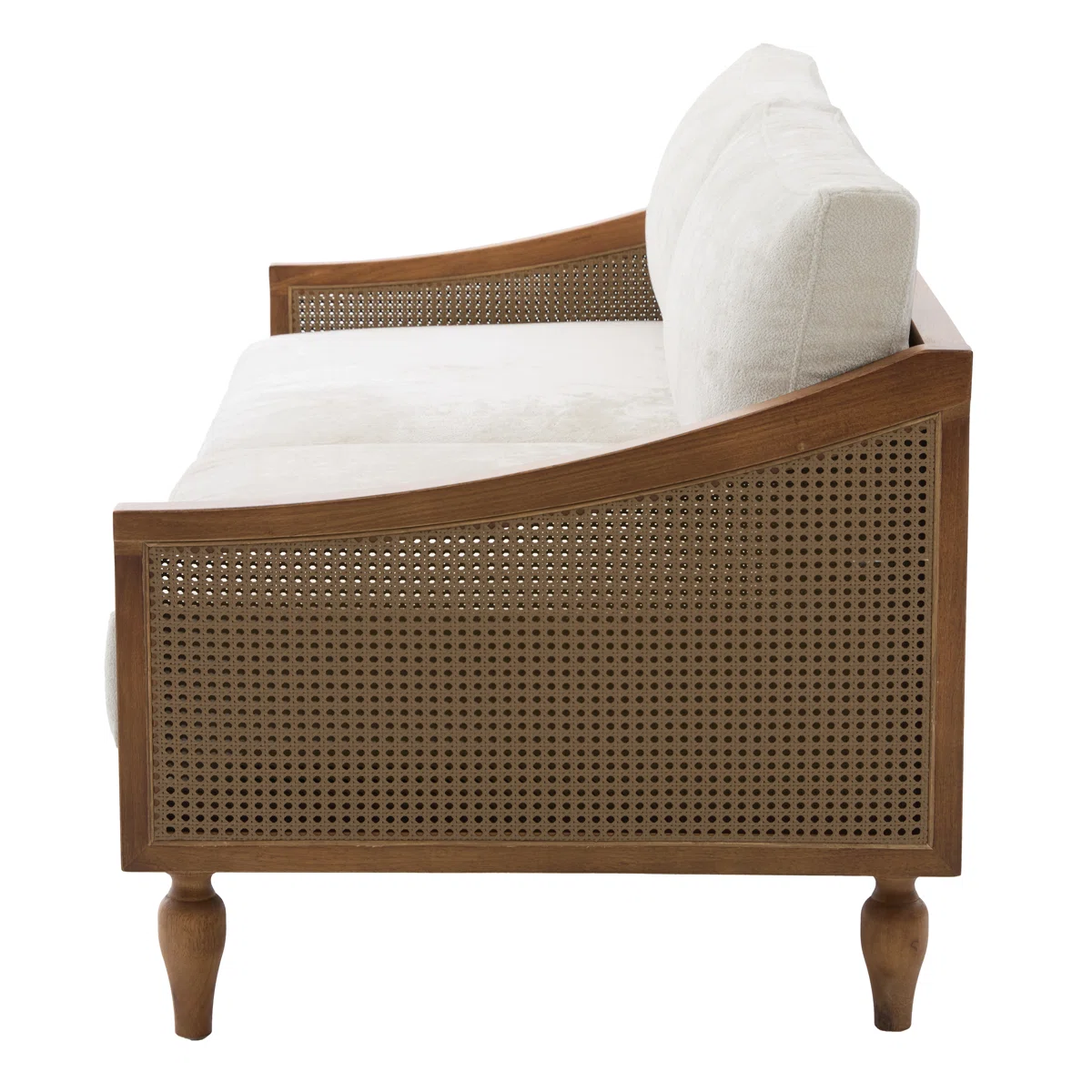 Wooden loveseat sofa in teak wood with cane detailing and dark brown finish Wooden loveseat sofa in teak wood with cane detailing and dark brown finish