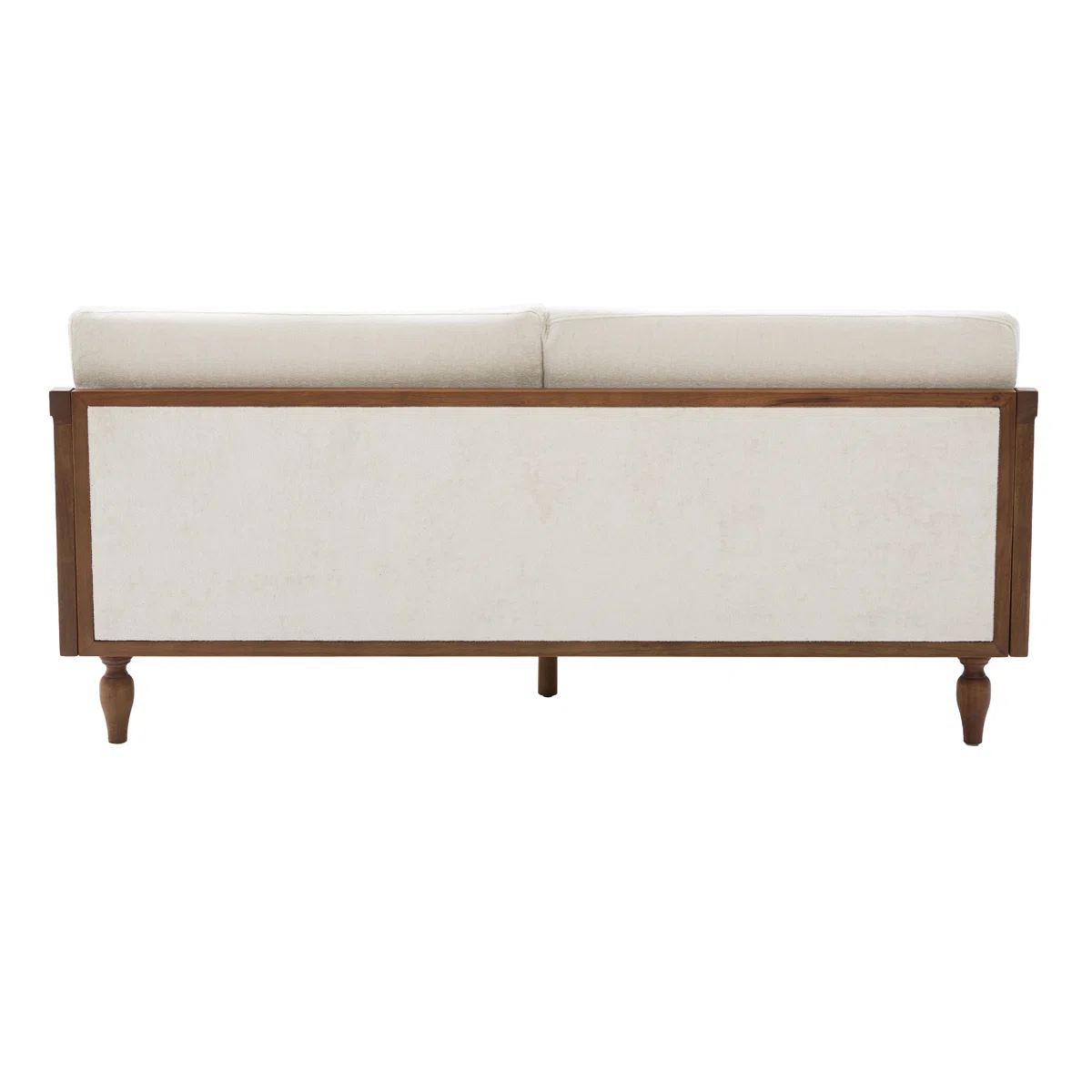 Wooden loveseat sofa in teak wood with cane detailing and dark brown finish Wooden loveseat sofa in teak wood with cane detailing and dark brown finish