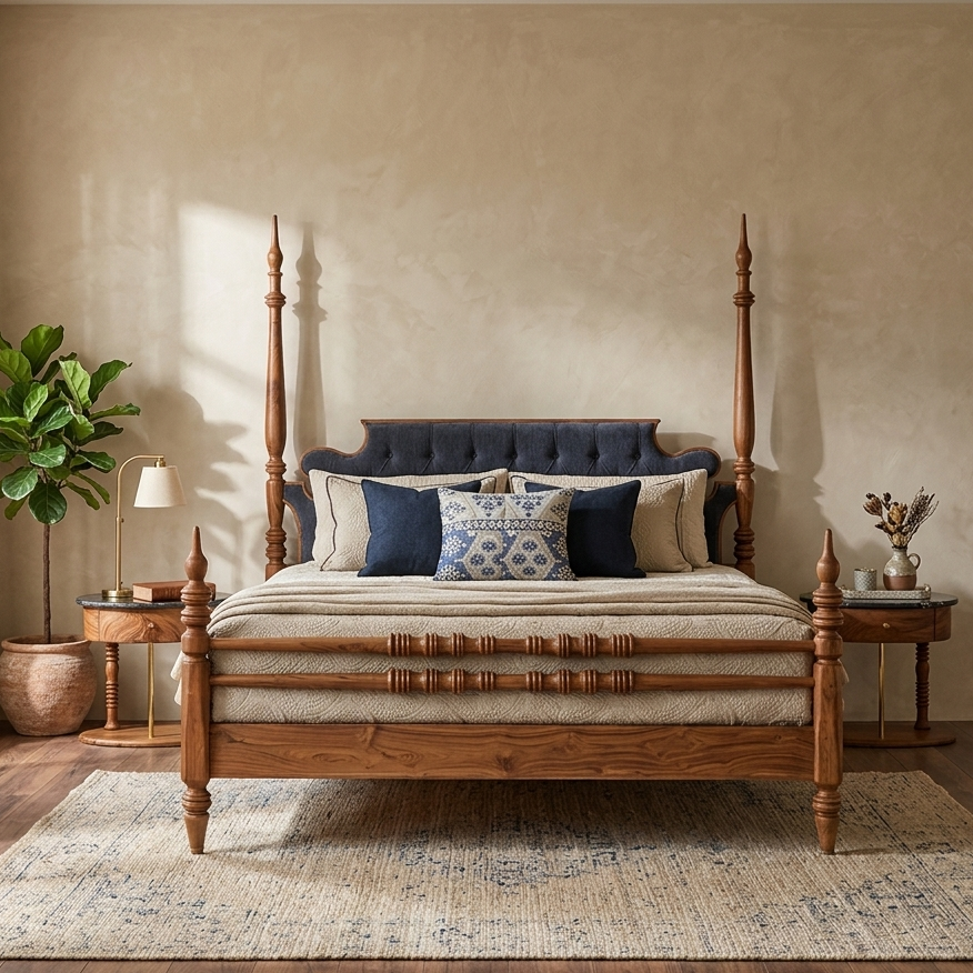 King size bed in teak wood with upholstered headboard